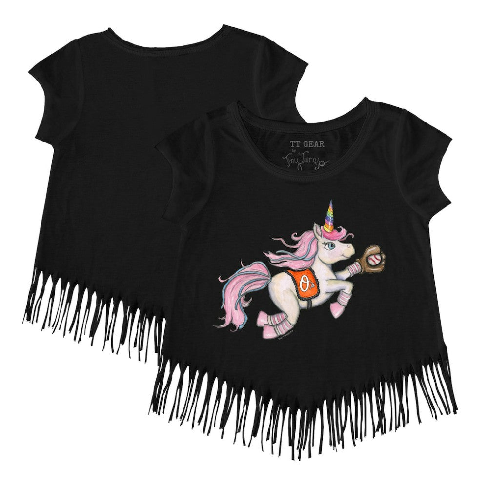 Baltimore Orioles Tiny Turnip Girls Youth Unicorn Fringe T-Shirt - Black T-shirts