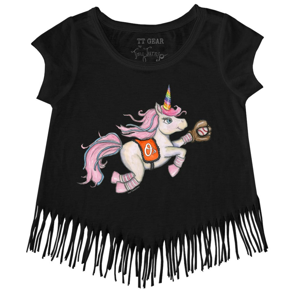 Baltimore Orioles Tiny Turnip Girls Youth Unicorn Fringe T-Shirt - Black T-shirts