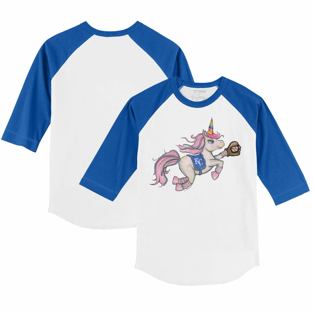 Kansas City Royals Tiny Turnip Youth Unicorn 3/4-Sleeve Raglan T-Shirt - White/Royal T-shirts