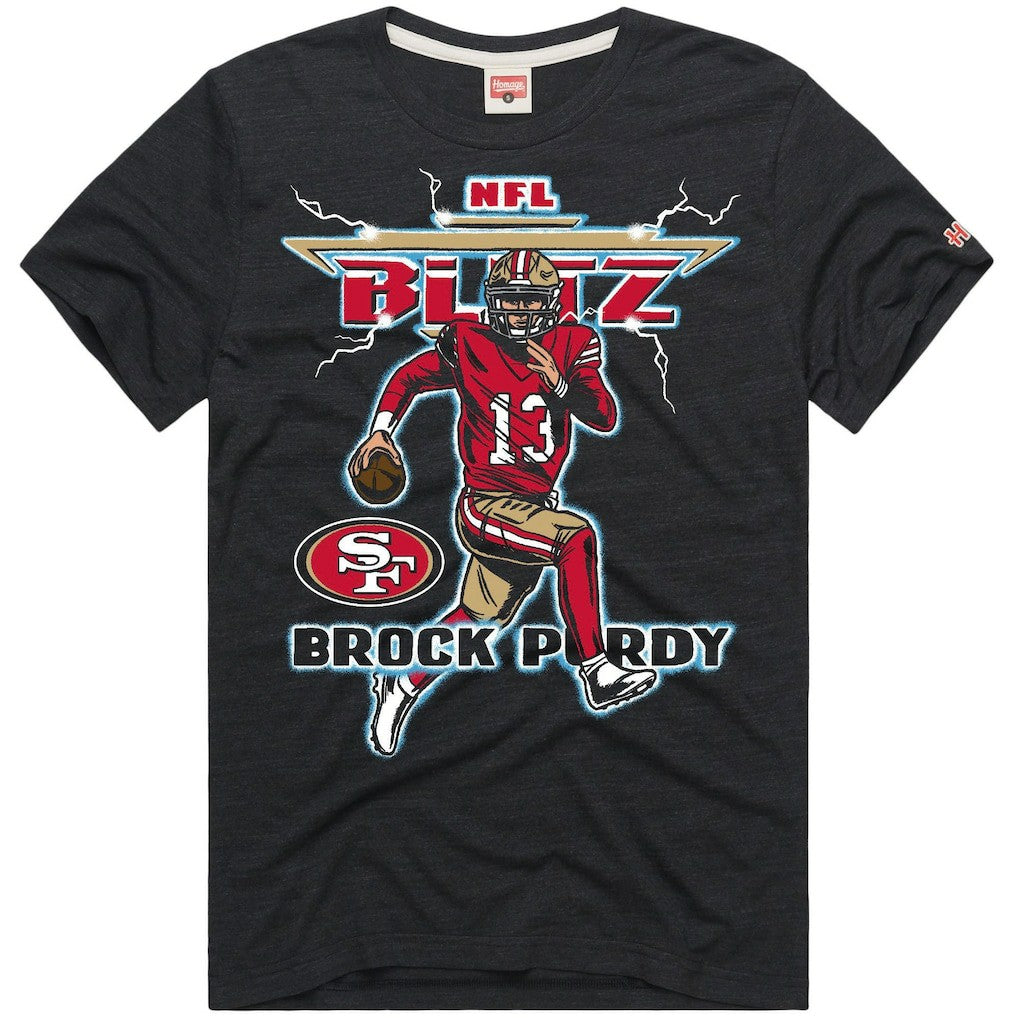 Brock Purdy San Francisco 49ers Homage Unisex NFL Blitz Player Tri-Blend T-Shirt - Heathered Black T-shirts