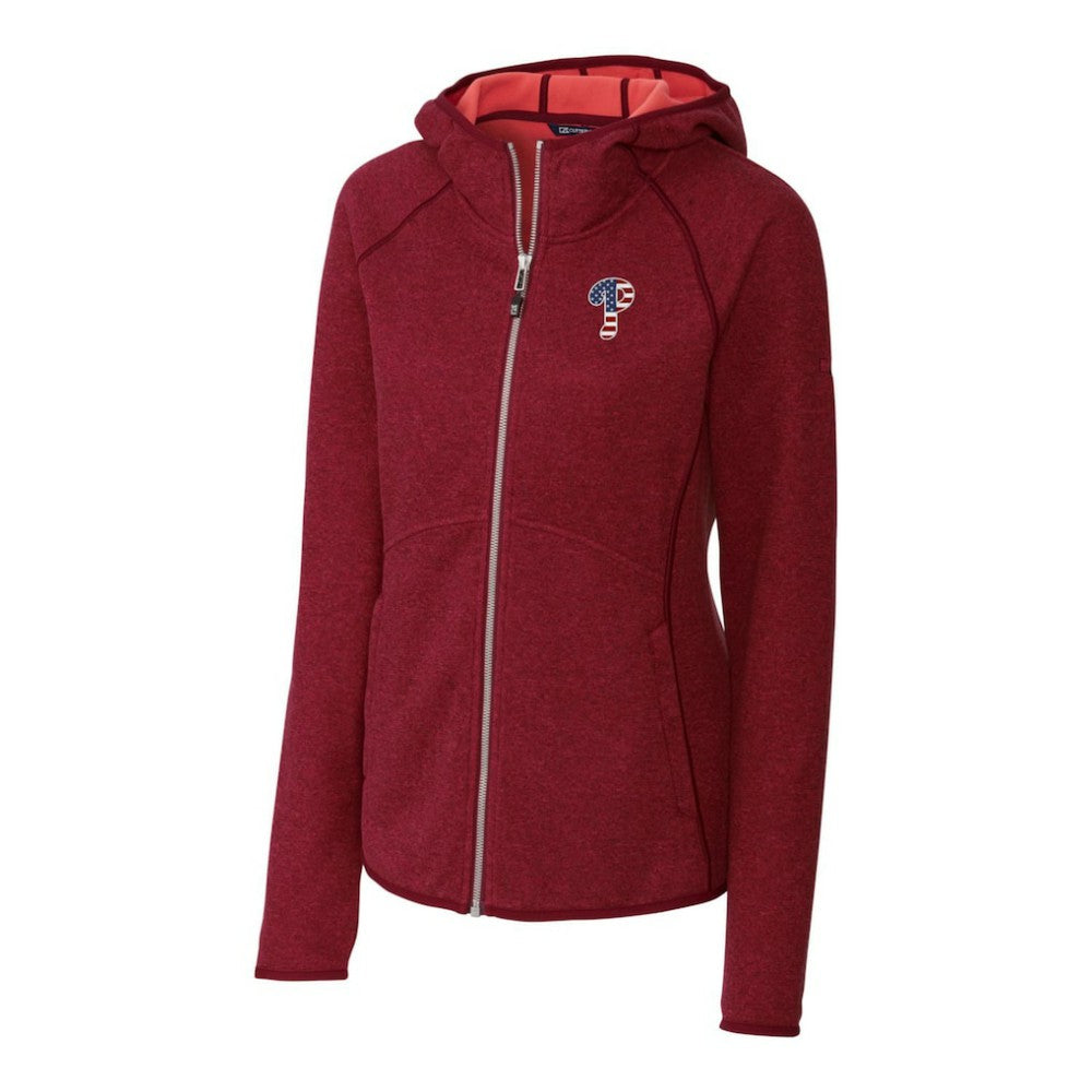 Philadelphia Phillies Cutter & Buck Women's Americana Logo Mainsail Sweater-Knit Full-Zip Hoodie - Cardinal Hoodies