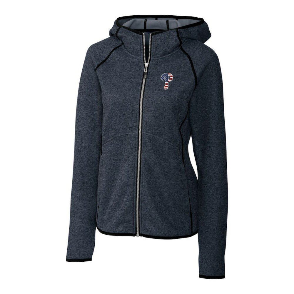 Philadelphia Phillies Cutter & Buck Women's Americana Logo Mainsail Sweater-Knit Full-Zip Hoodie - Heather Navy Hoodies