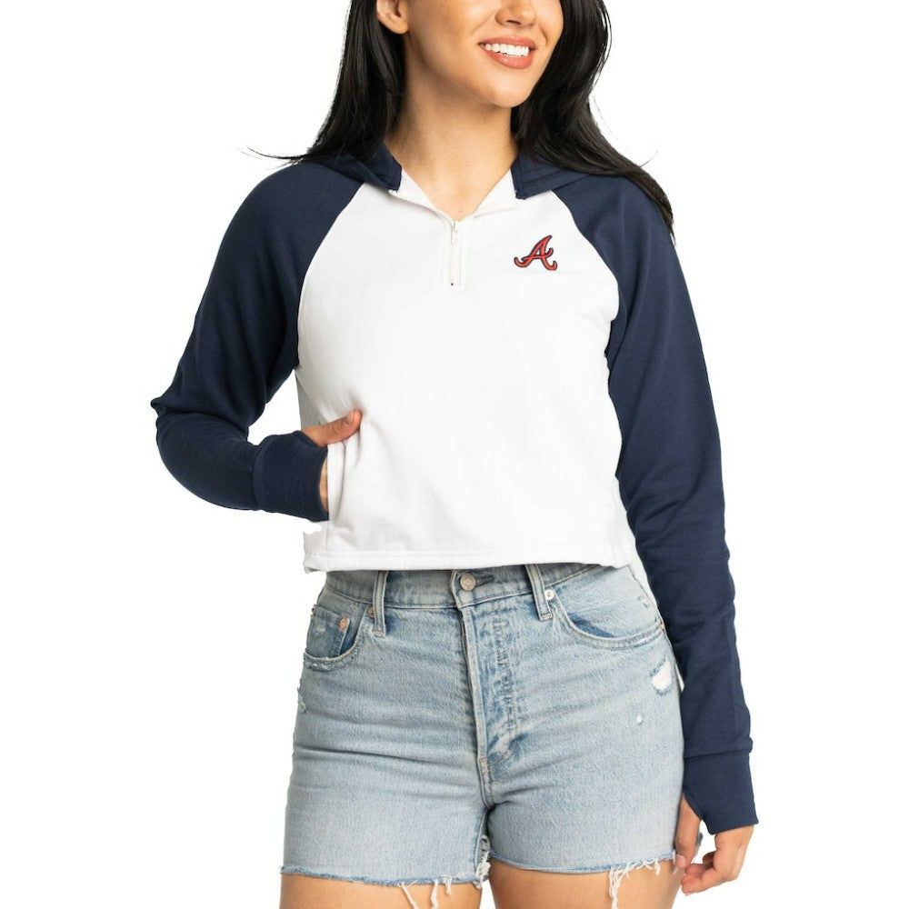 Atlanta Braves Lusso Women's Jane Raglan Quarter-Zip Tri-Blend Cropped Pullover Hoodie - White Hoodies
