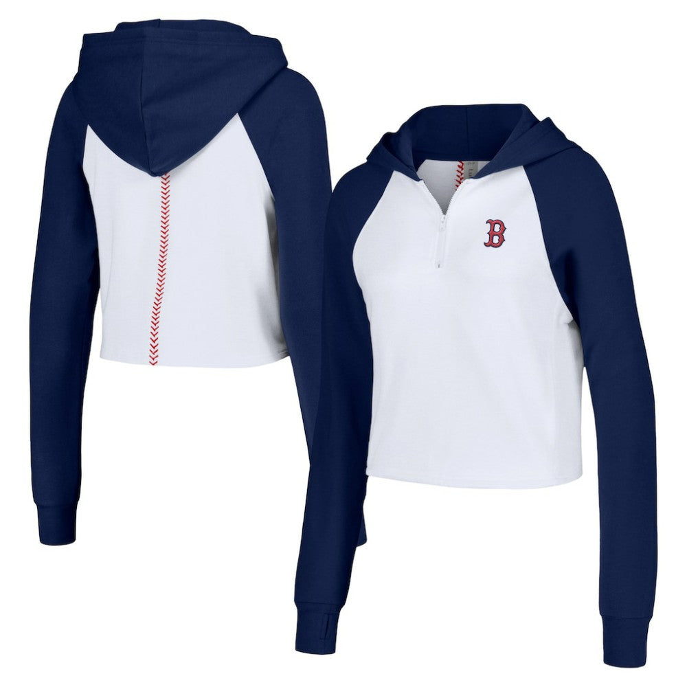 Boston Red Sox Lusso Women's Jane Raglan Quarter-Zip Tri-Blend Cropped Pullover Hoodie - White Hoodies
