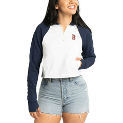 Boston Red Sox Lusso Women's Jane Raglan Quarter-Zip Tri-Blend Cropped Pullover Hoodie - White Hoodies