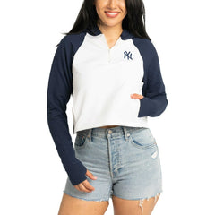 New York Yankees Lusso Women's Jane Raglan Quarter-Zip Tri-Blend Cropped Pullover Hoodie - White Hoodies