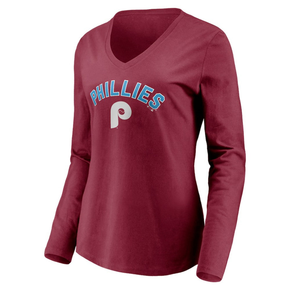 Philadelphia Phillies Women's Personalized Cooperstown Collection Alternate Winning Streak Long Sleeve V-Neck T-Shirt - Burgundy T-shirts